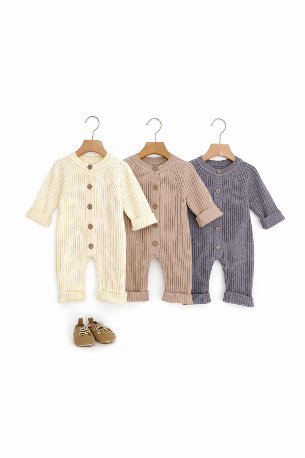 Ribbed Knit Romper with Wooden Buttons