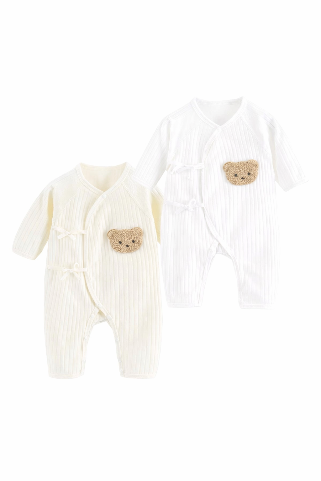 Ribbed Wrap Romper with Bear Patch