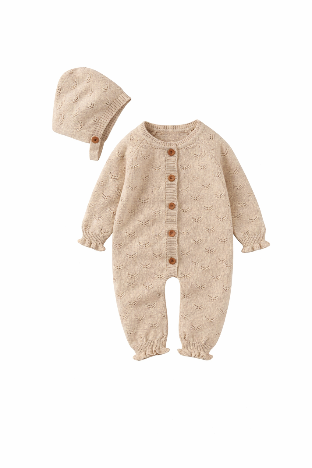 Knit Romper Set with Bonnet - Beige