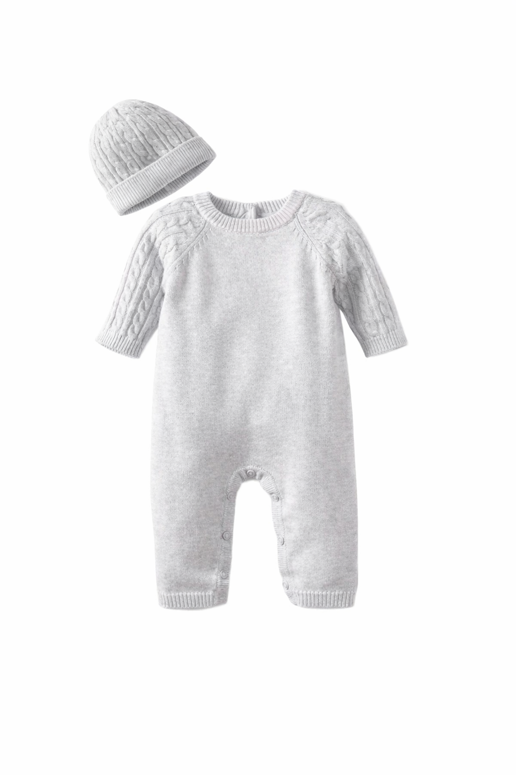 Knit Romper Set with Cable Knit Beanie - Grey