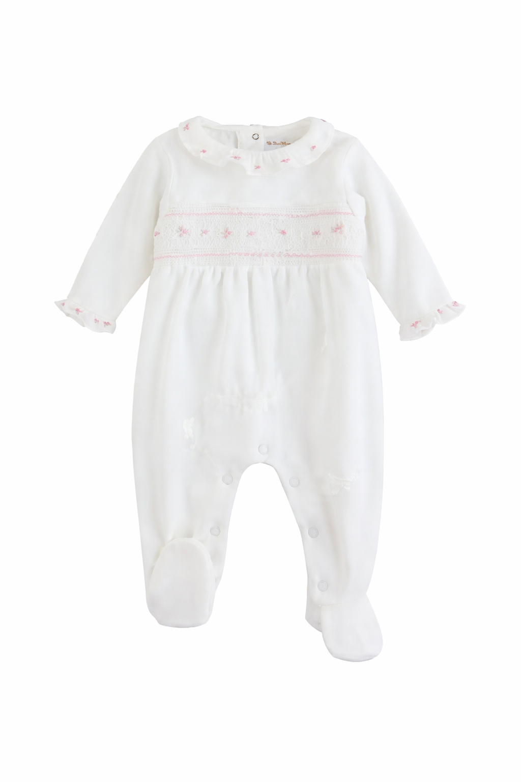 Embroidered Footie with Ruffled Collar - White