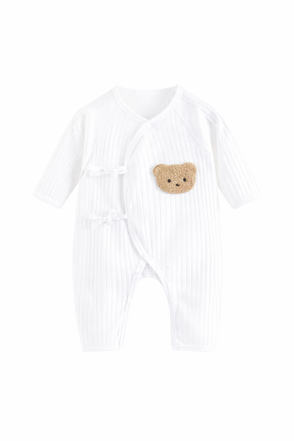 Ribbed Wrap Romper with Bear Patch