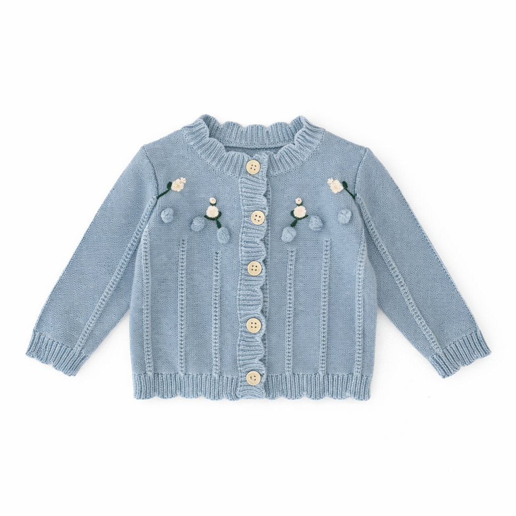 Baby Knit Cardigan and Romper Set with Floral Embroidery - Blue
