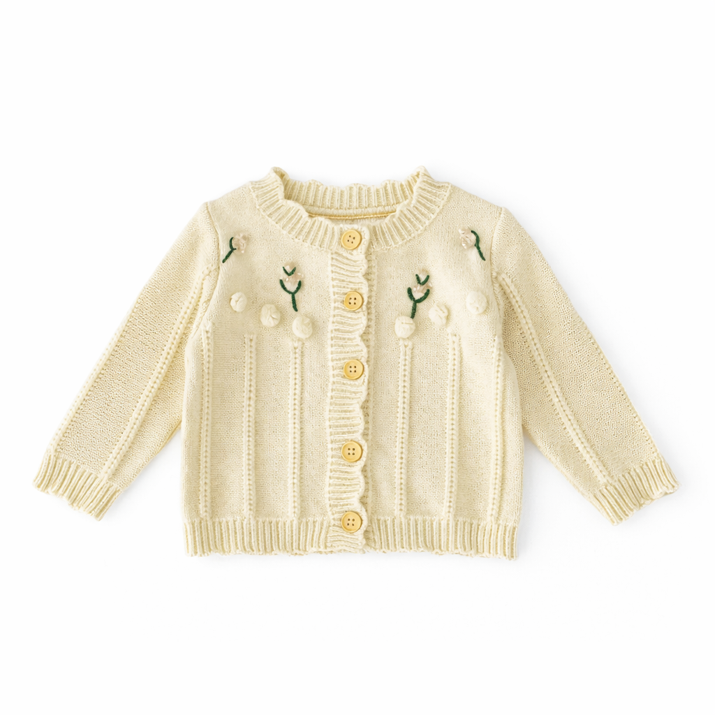 Baby Knit Cardigan and Romper Set with Floral Embroidery Beige