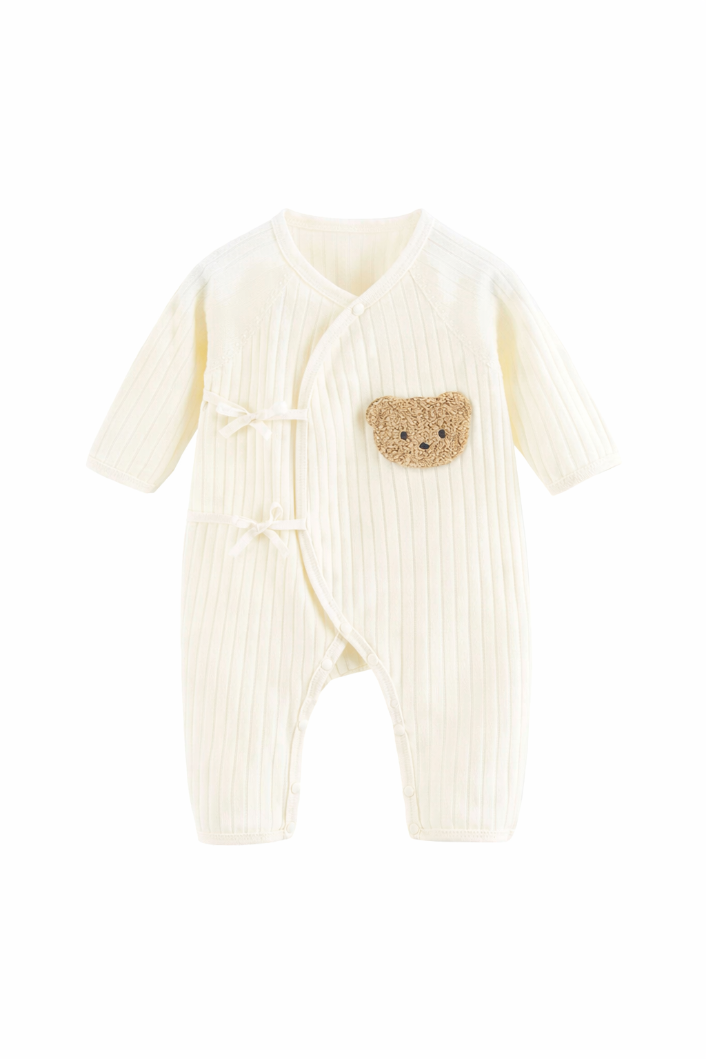 Ribbed Wrap Romper with Bear Patch